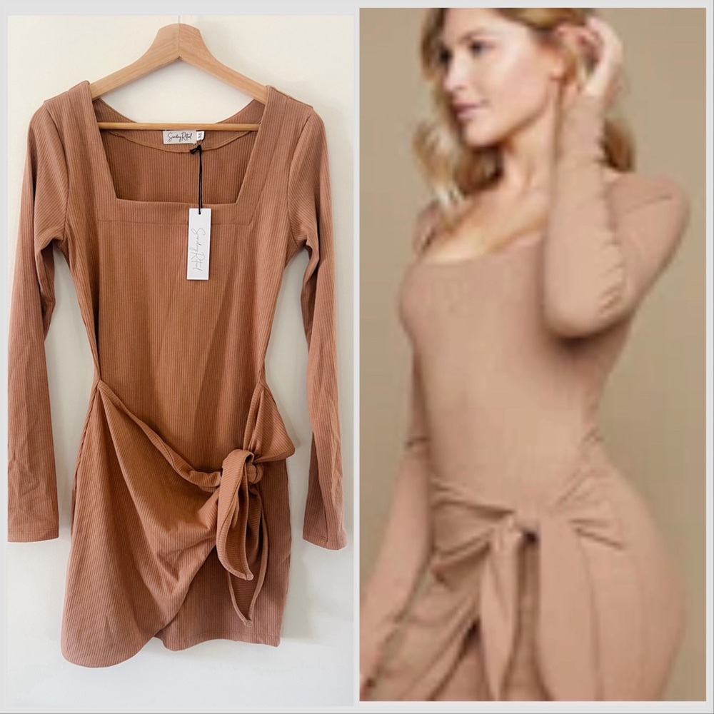 NWT Sunday Ritual “Milly” Ribbed Tie-Waist Square Neck Long Sleeve Dress - Latte